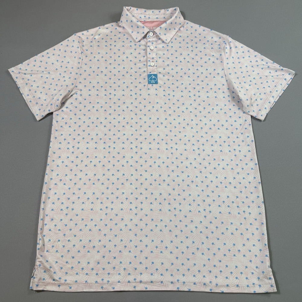 Pins And Aces Polo Shirt Mens Large Pink Golf Performance Wicking AOP Palm Trees